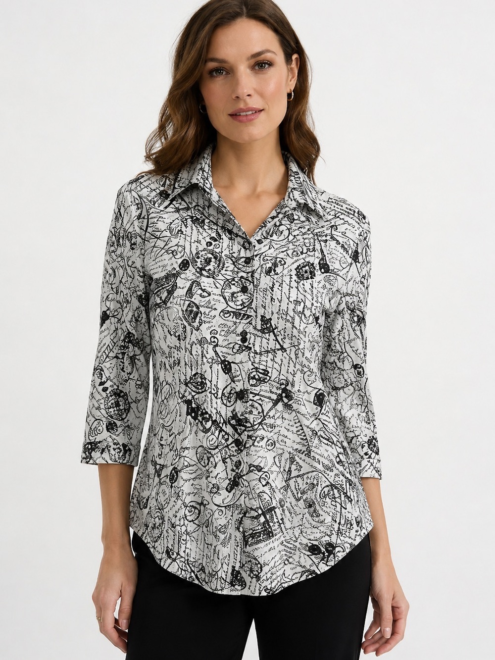 Joseph Ribkoff City Print Button Up Shirt Black & White Sz 8 Style 222173